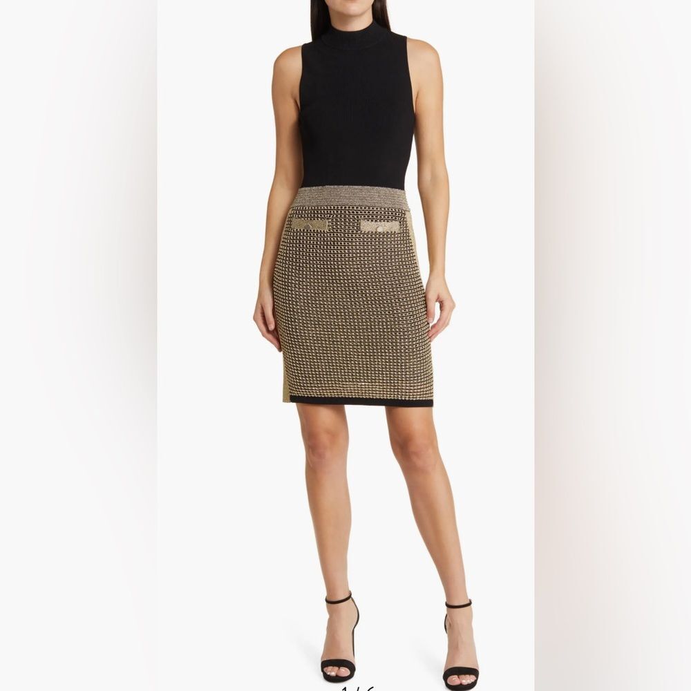 Ted Baker Mock Neck Sanriia Metallic Mixed Media Dress Black Gold Stretch Size 1